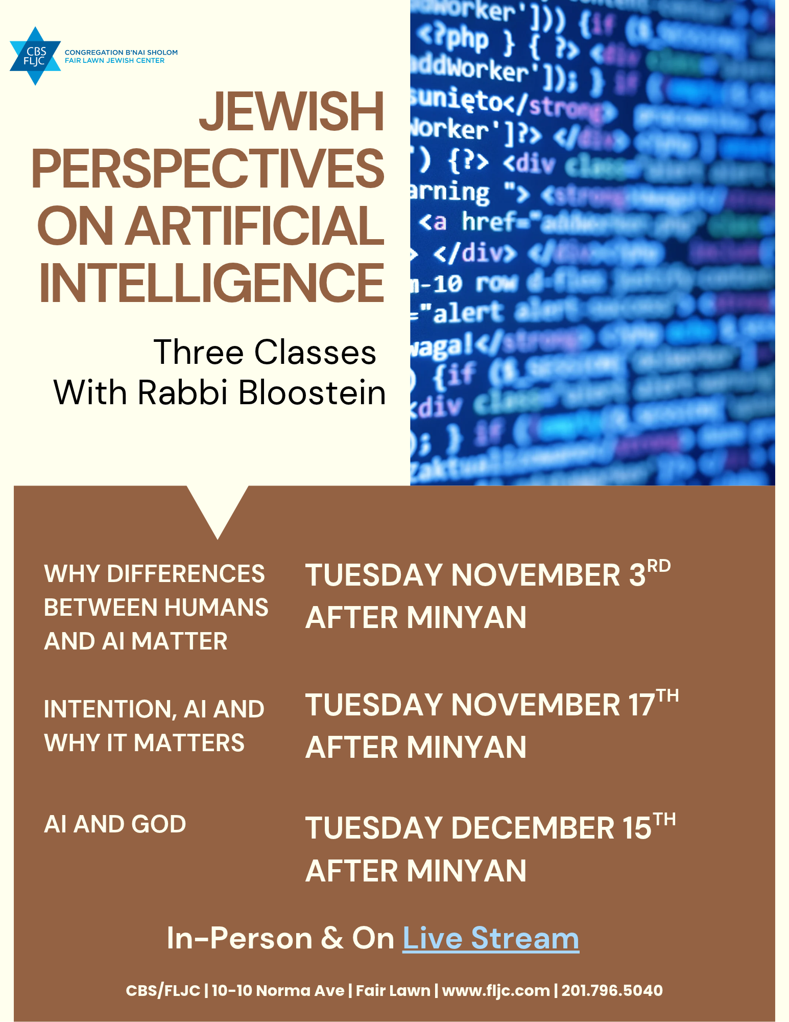 11-3-26 - Rabbi Bloostein Class 1 - AI with Live Stream Link - Nov 3